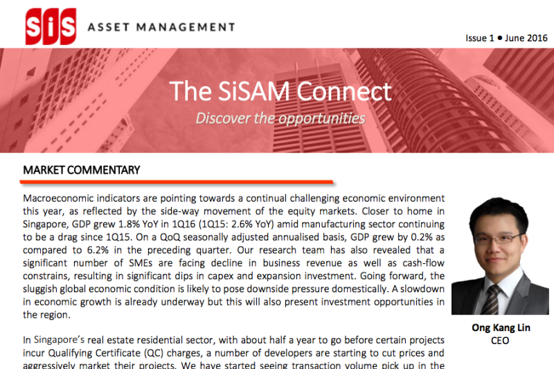 Macroeconomic indicators are pointing towards a continual challenging economic environment this year, as reflected by the side-way movement of the equity markets. Closer to home in Singapore, GDP grew 1.8% YoY in 1Q16 amid manufacturing sector continuing to be a drag since 1Q15